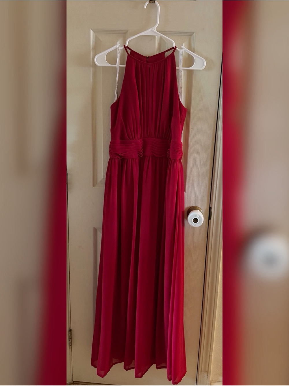 Elegant Formal Burgundy Red Halter Maxi Dress with keyhole back
